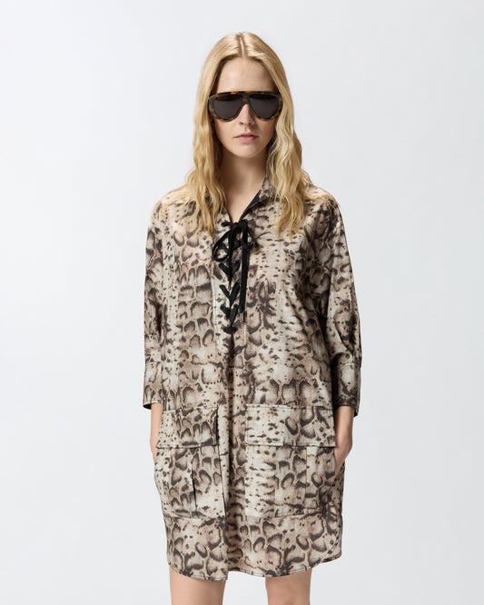 Mini dress with snake print and neckline ribbons