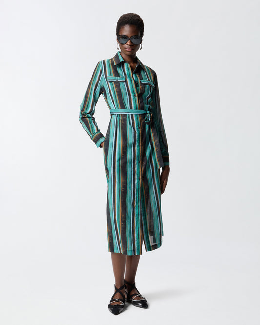Cotton midi shirt dress with brushstroke-effect stripes