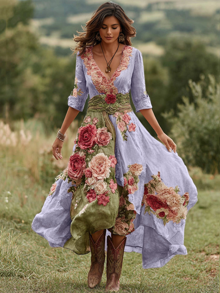 Damen Vintage Leinenmischung Maxikleid mit floralem Muster und V-Ausschnitt