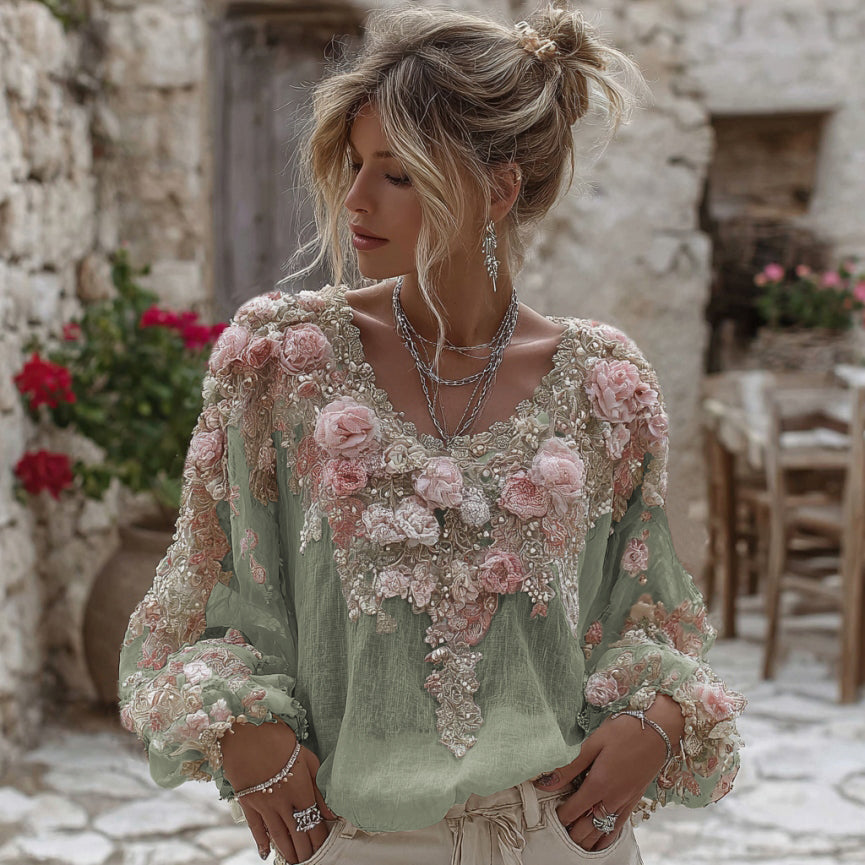 Damen Vintage Leinen-Mischgewebe T-Shirt mit Rundhalsausschnitt und rosa Rosenstickerei