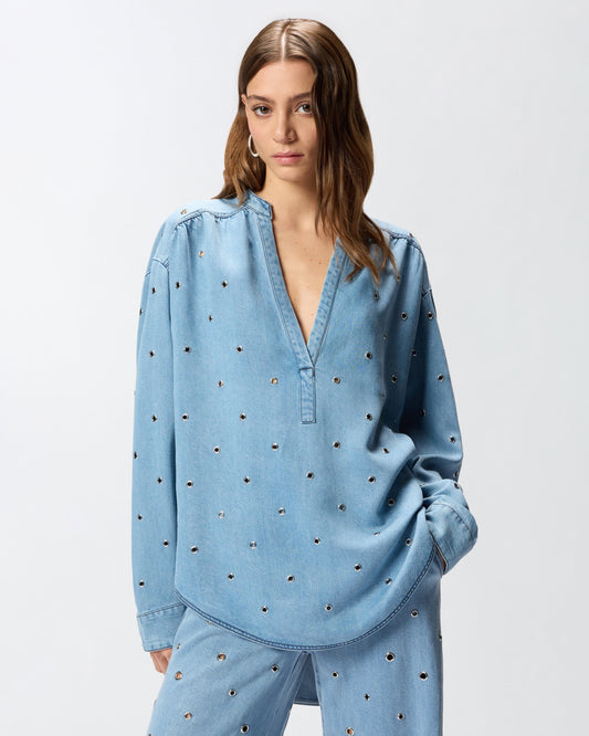 Denim blouse with eyelets