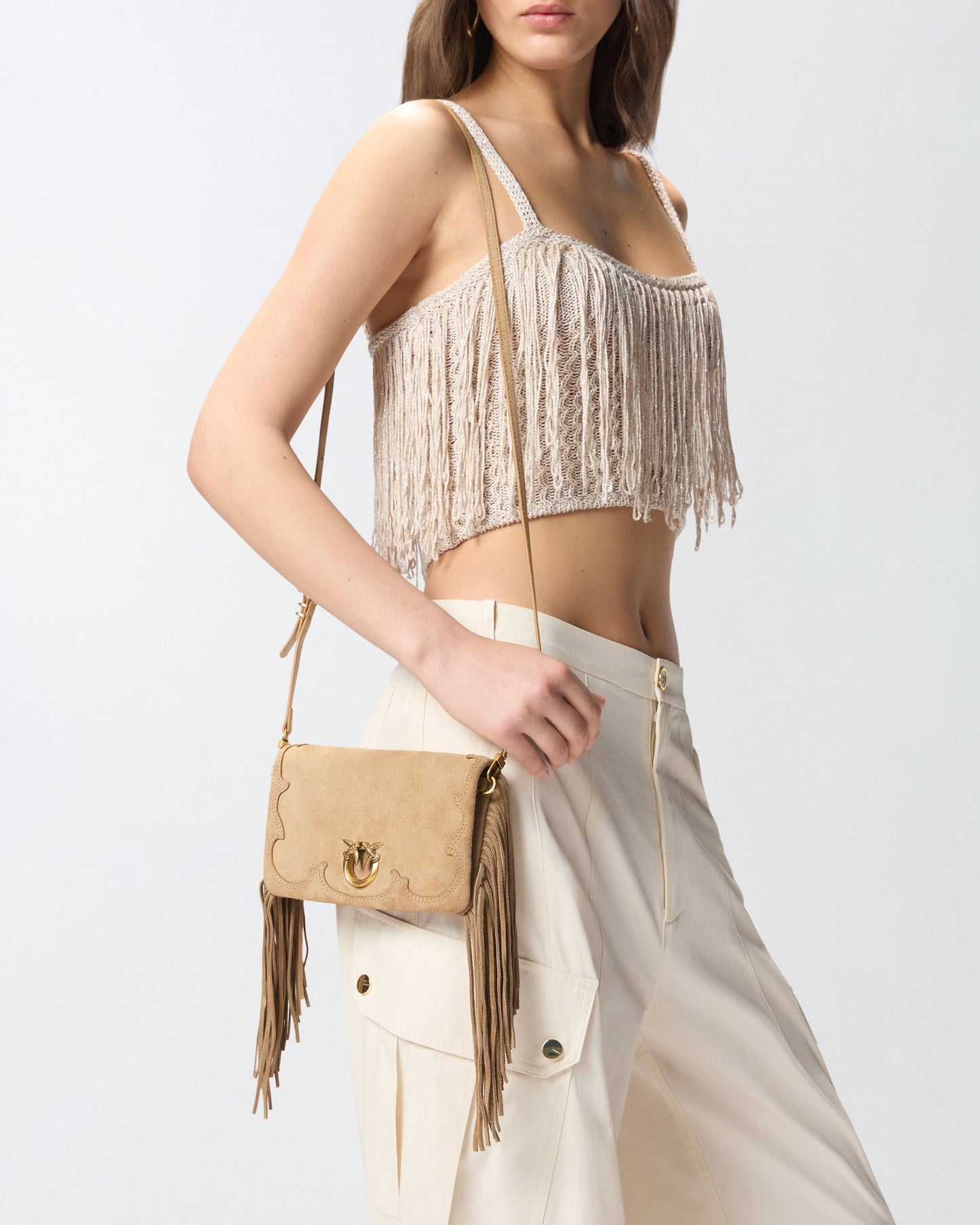 Love Bag Click Soft Horizontal Mini crossbody clutch in suede with fringing