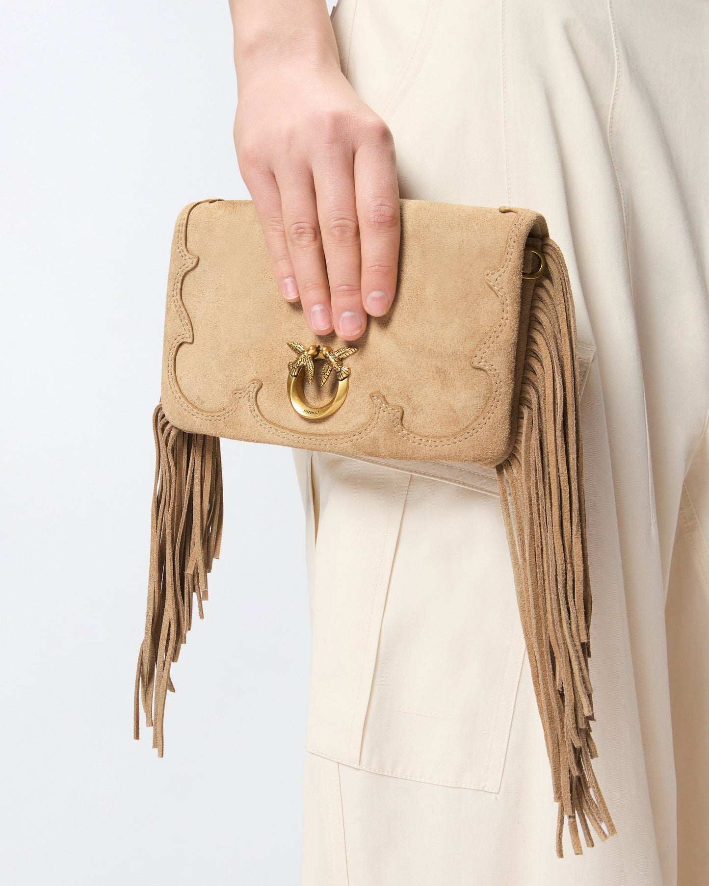 Love Bag Click Soft Horizontal Mini crossbody clutch in suede with fringing