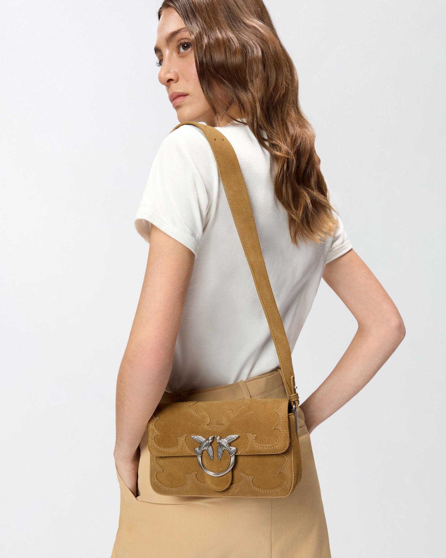 Mini Love Bag One Slouchy small shoulder bag in suede with inlays