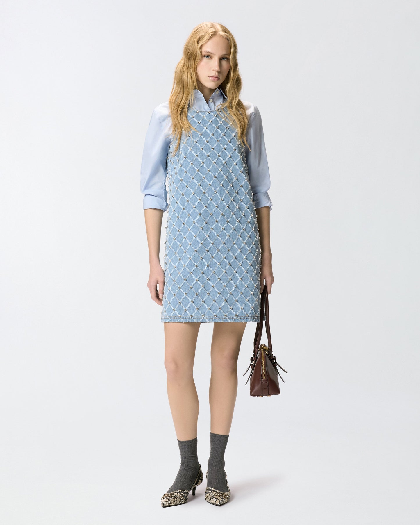 Denim mini dress with diamond and rhinestone motif