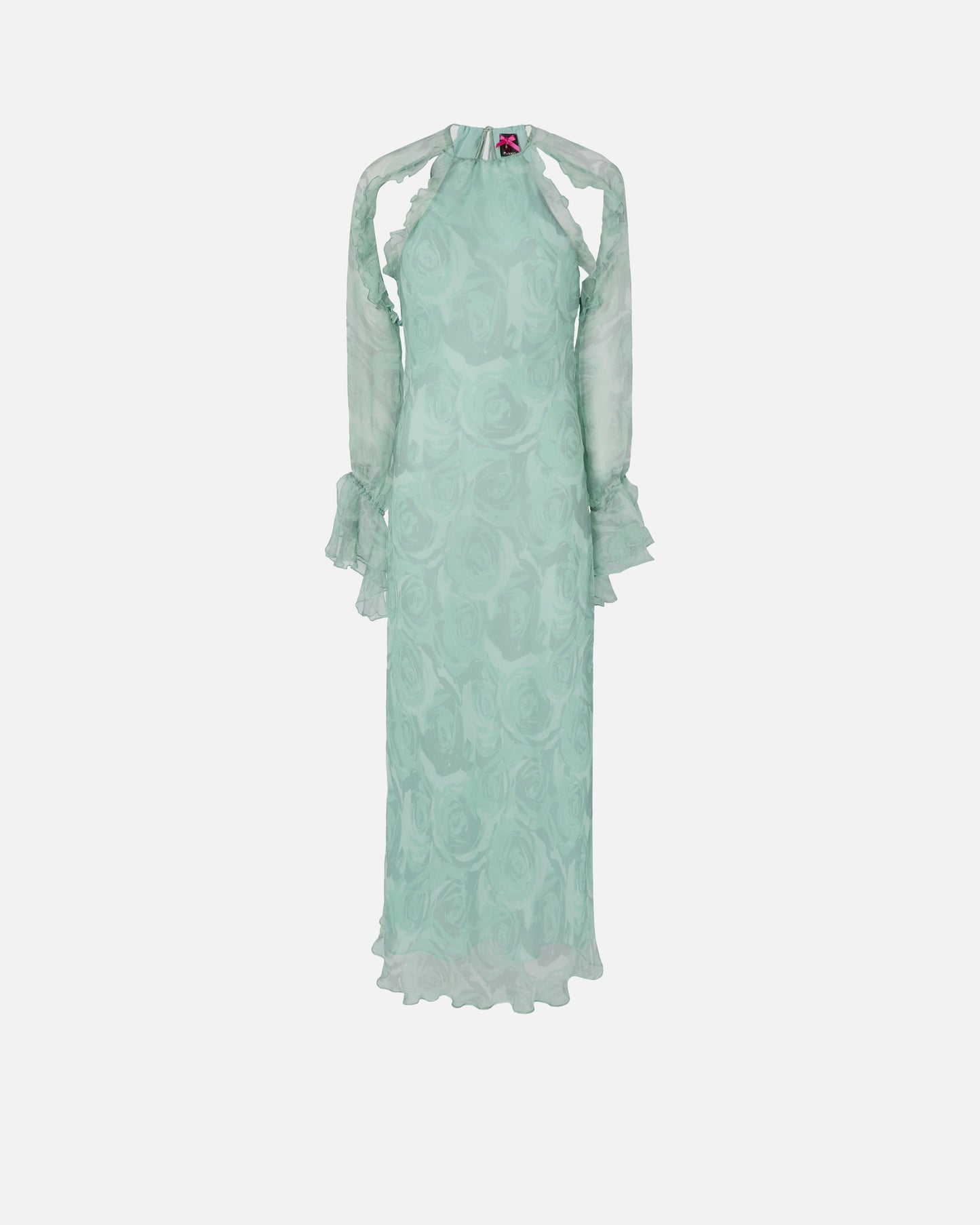 Silk midi dress with rose print and open shoulders