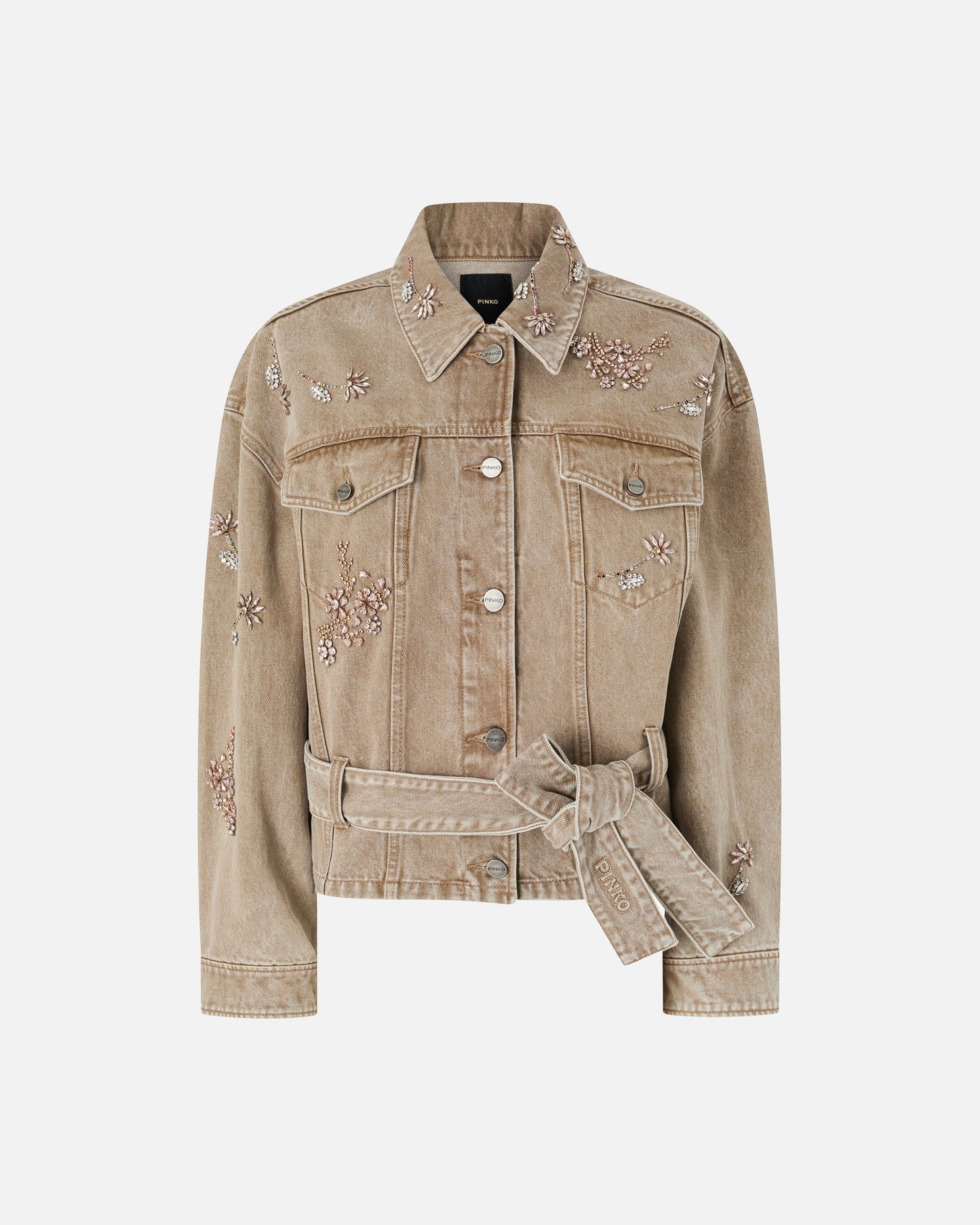 Brown denim jacket with jewel embroidery