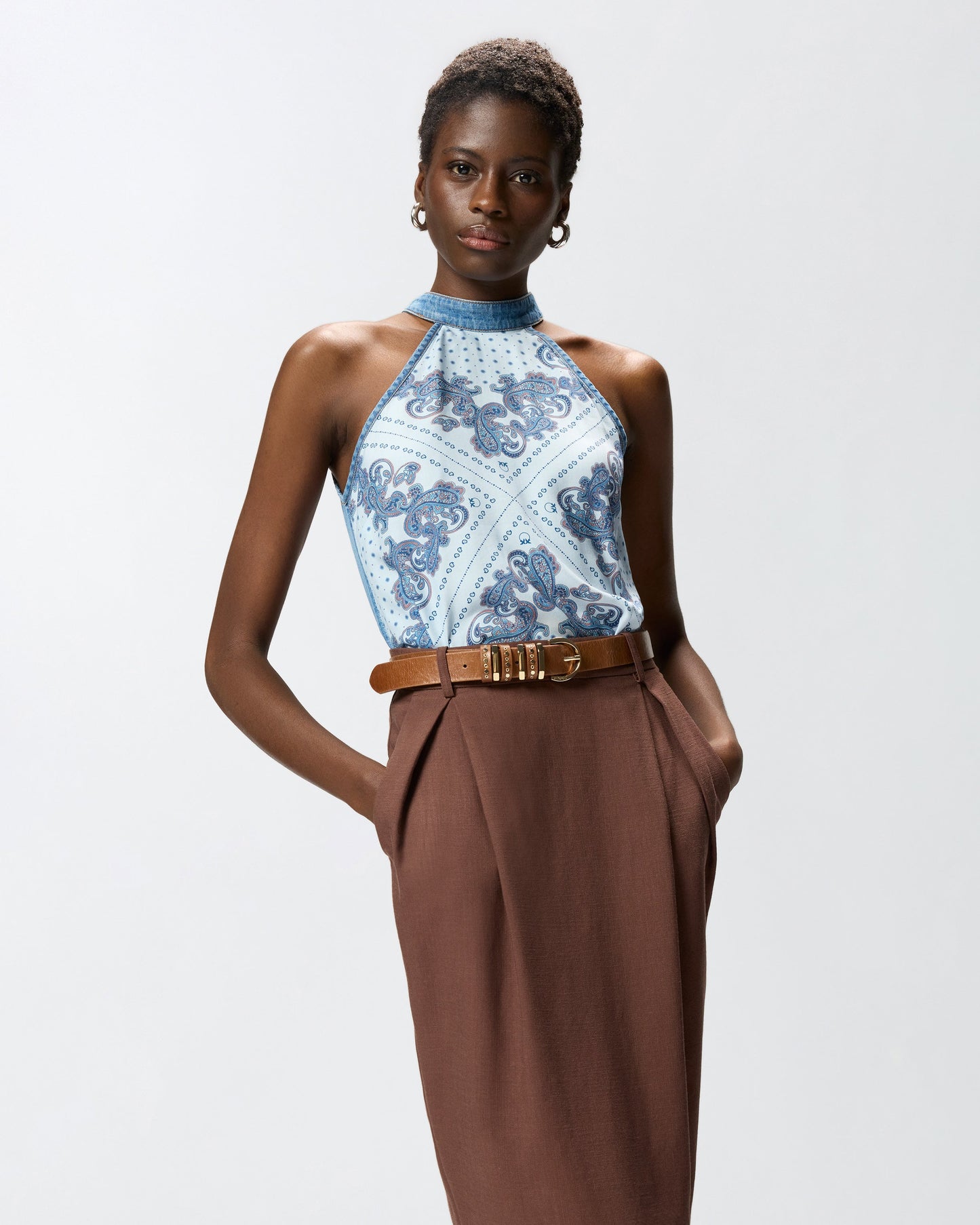 Denim top with scarf print