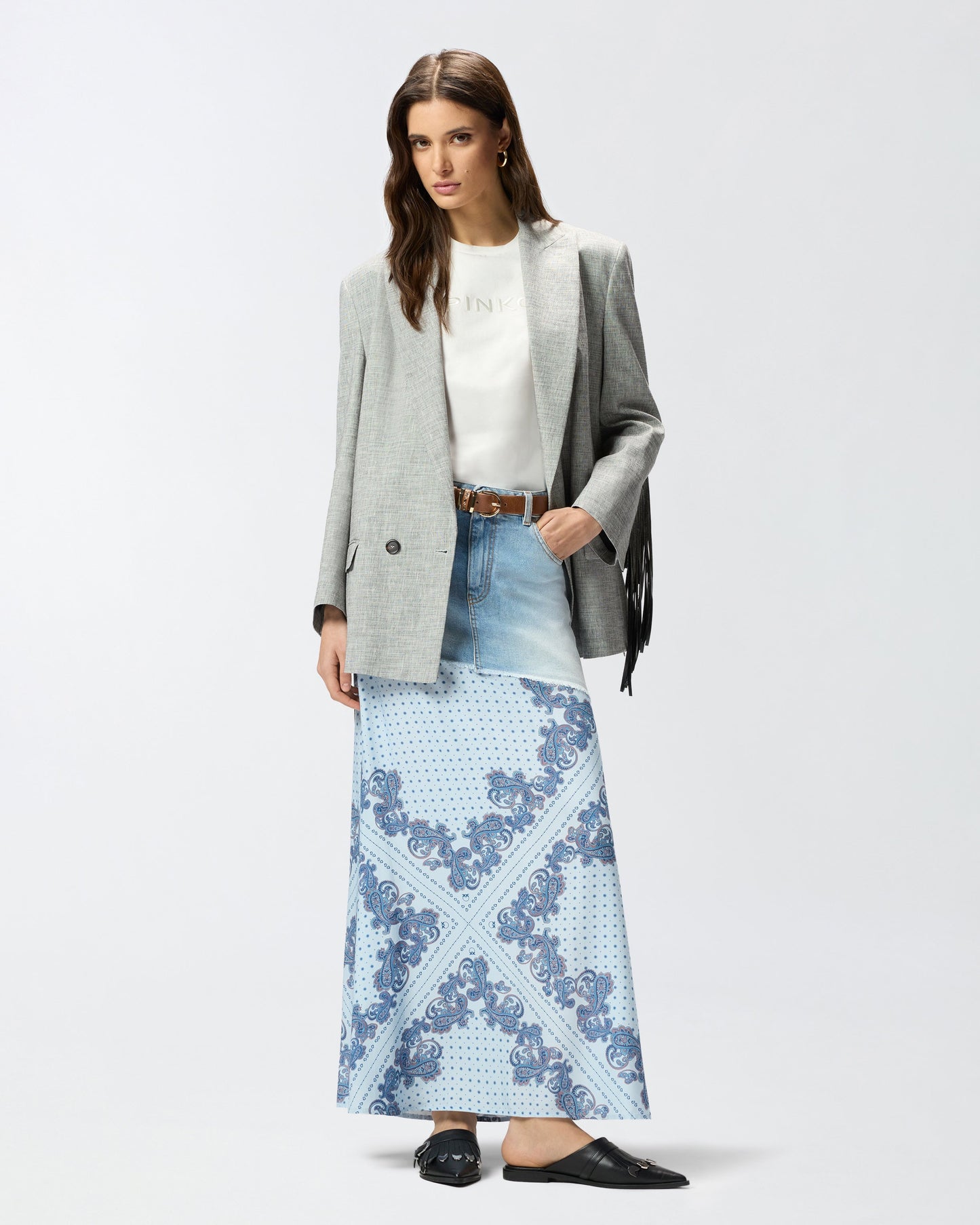 Denim midi skirt with scarf print