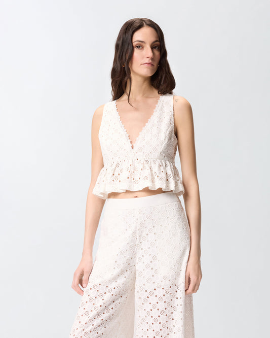 Crop top with ruffle and openwork pattern