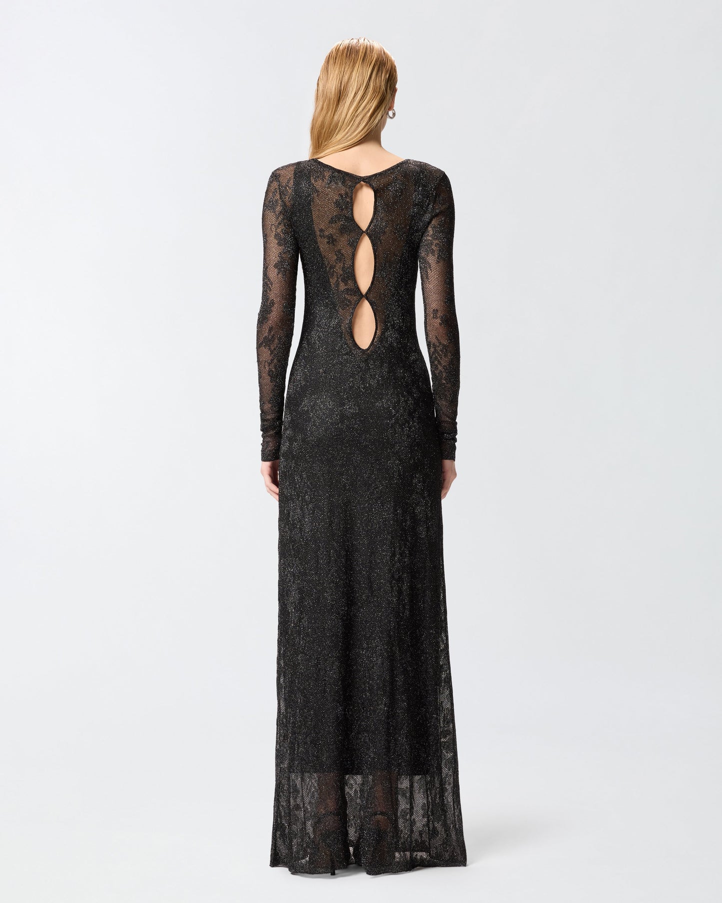 Long dress with mesh and floral lace