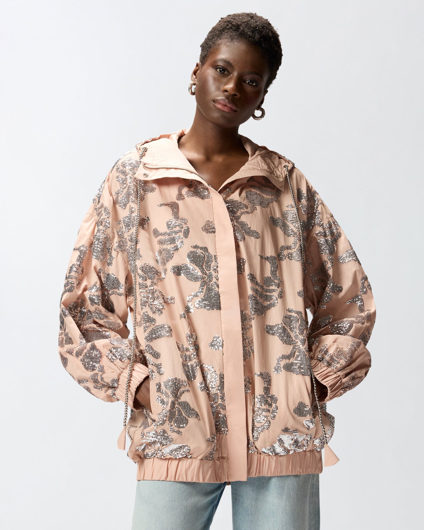 Bomber jacket with floral sequin embroidery