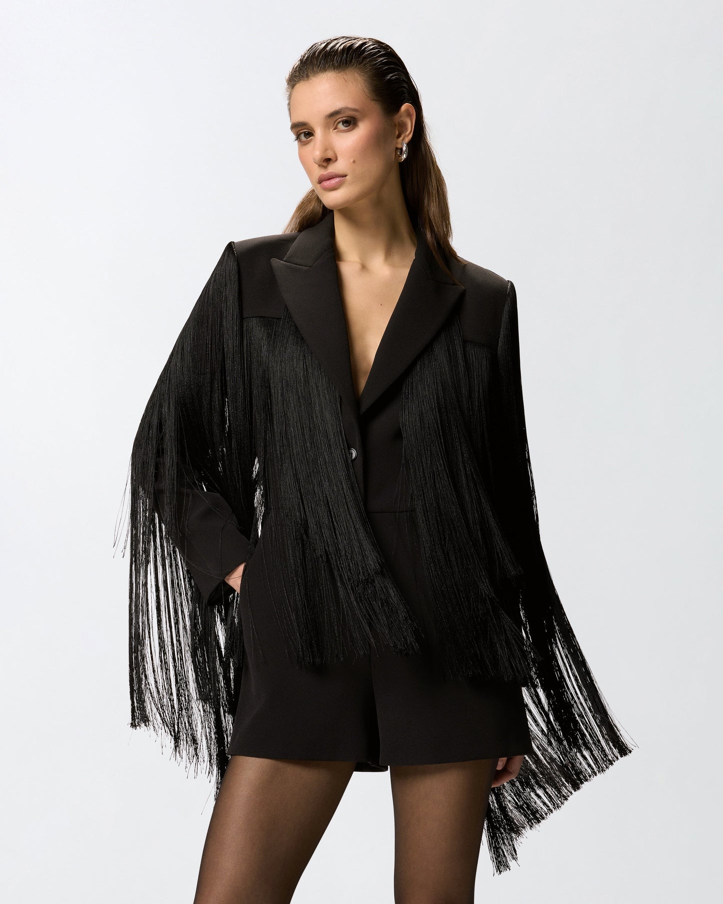 Short playsuit with all-over fringe detailing