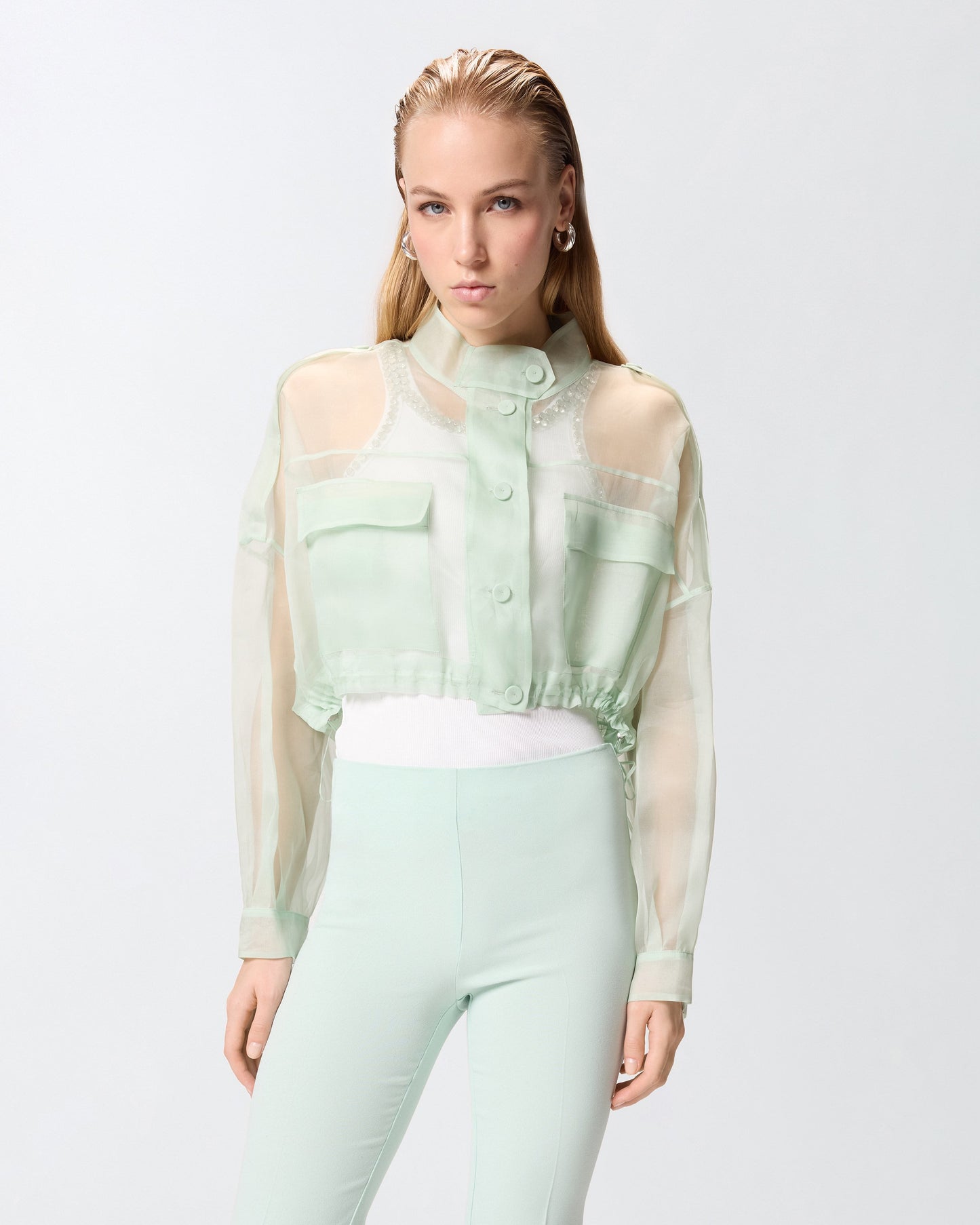 Cropped pea coat in pure silk organza