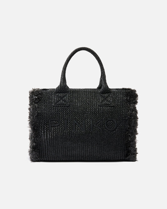 Medium Beach shopping tote in raffia with logo and tassels