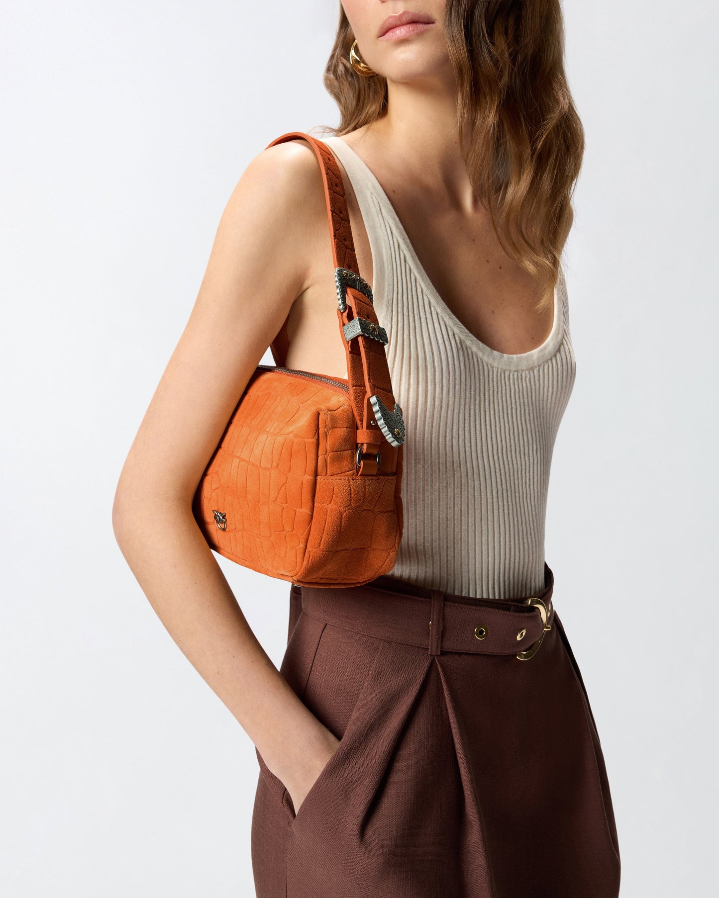 Medium crossbody bowler bag in crocodile-print leather
