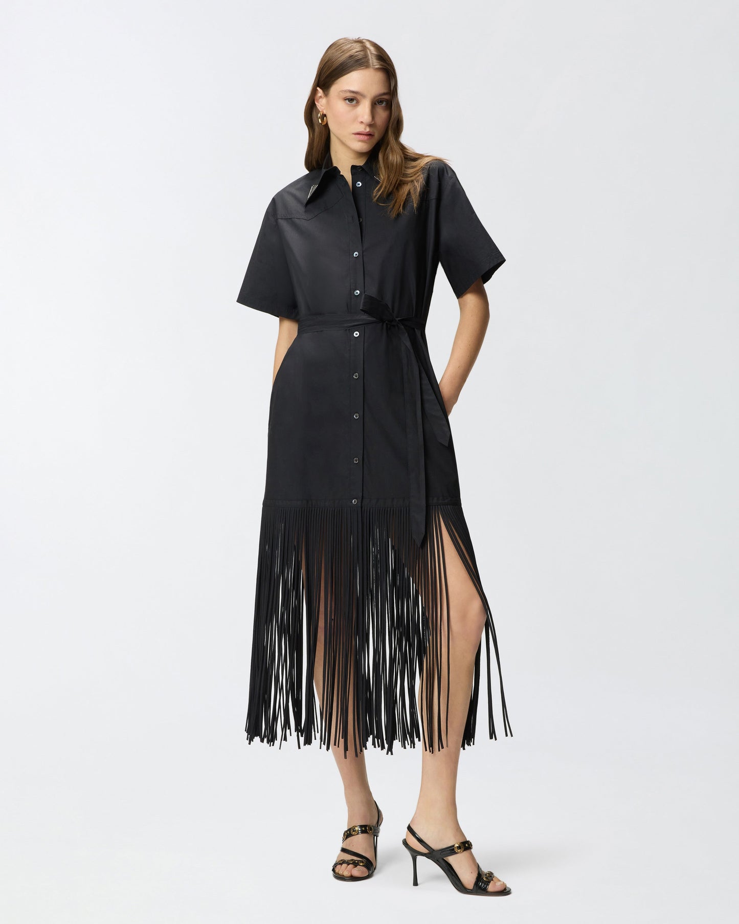 Long shirt dress with fringing and metallic details