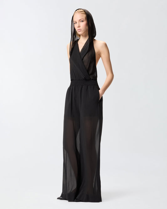Long playsuit with hood and sheer details