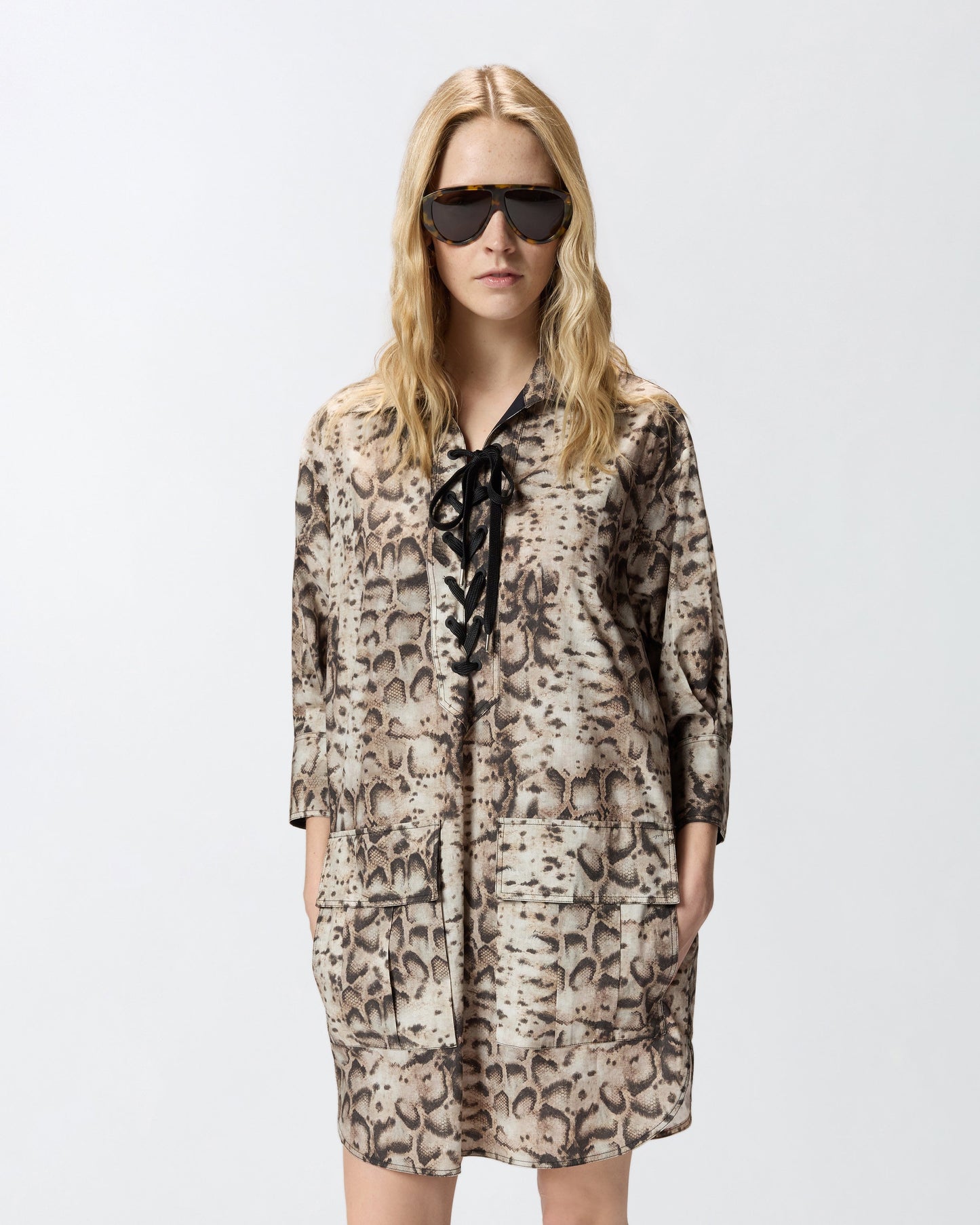 Mini dress with snake print and neckline ribbons