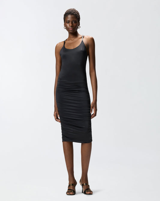 Shiny midi dress with crossed shoulder straps