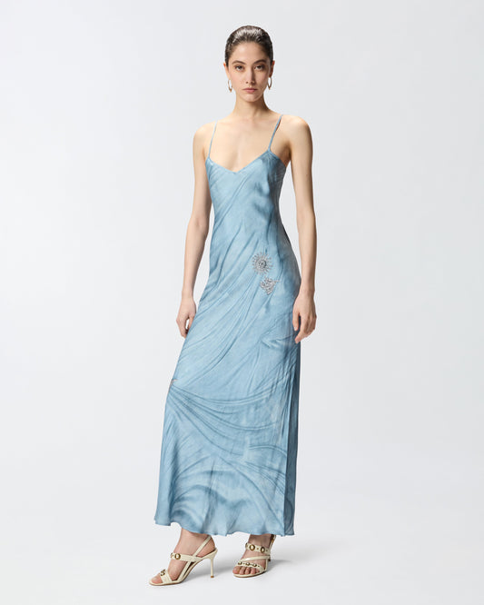 Fluid slip dress with placed jewel print