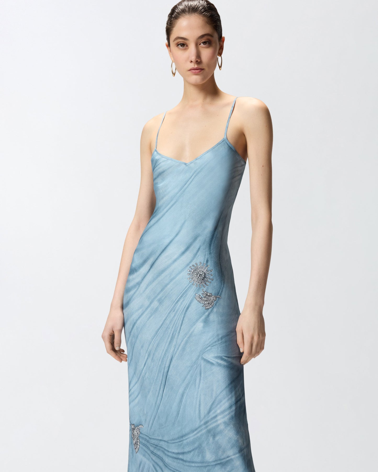 Fluid slip dress with placed jewel print