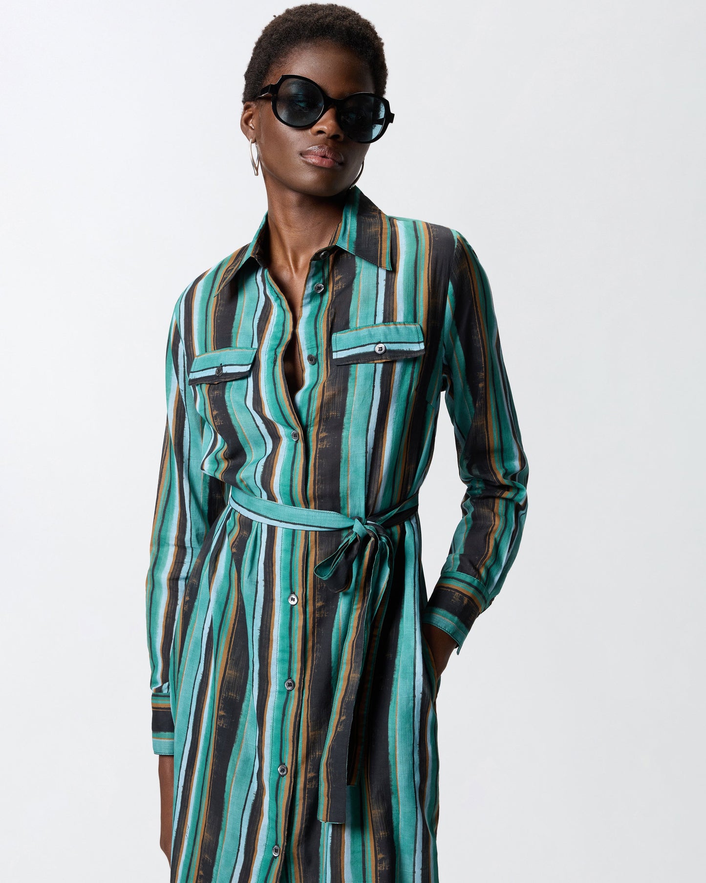 Cotton midi shirt dress with brushstroke-effect stripes