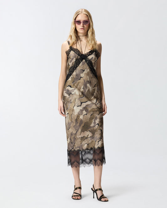 Camouflage midi slip dress with lace