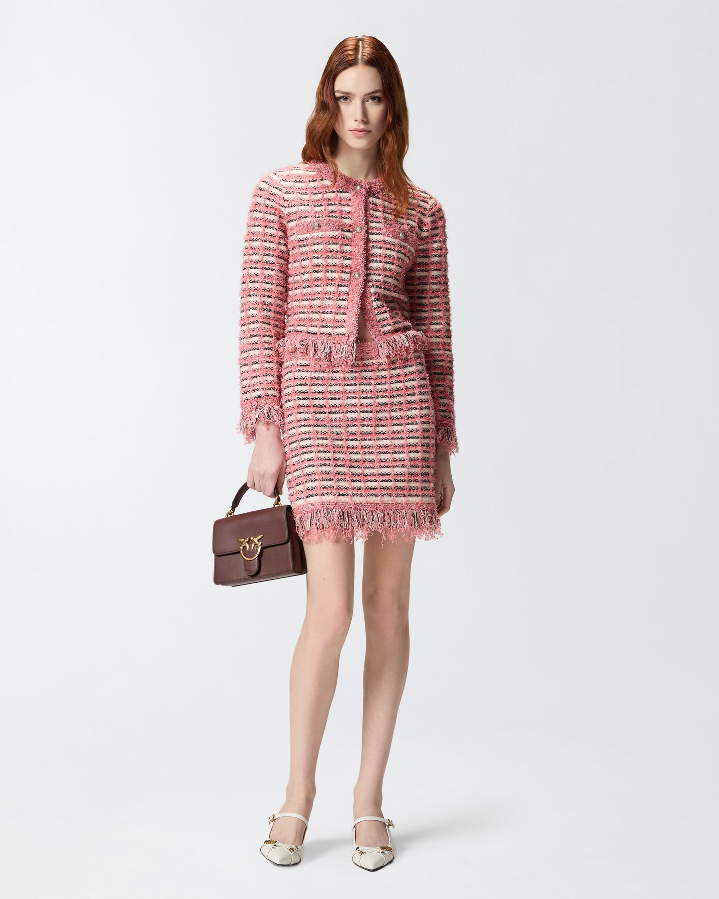 Mini skirt in basketweave and frayed knit