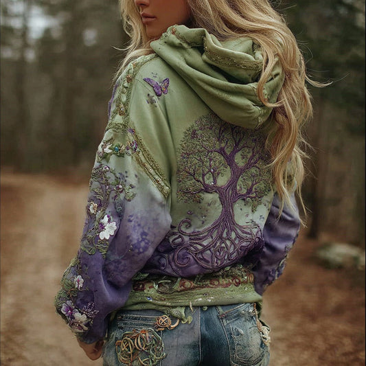 Damen Vintage Wikinger Lebensbaum Kunst Farbverlauf Bequemlichkeit Hoodie