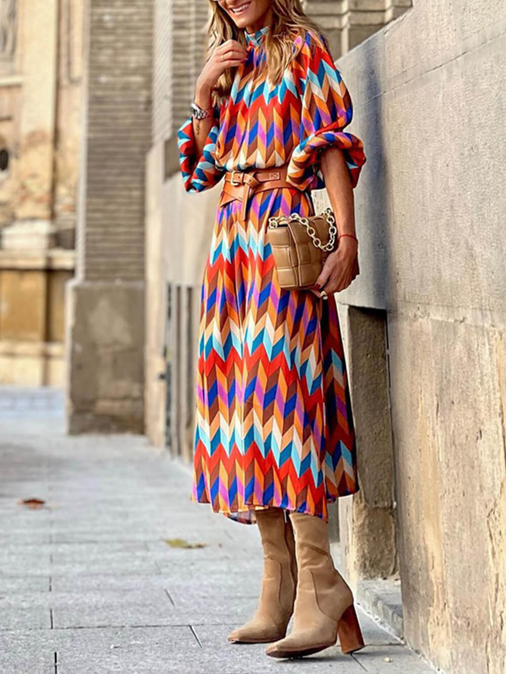 Elegant stand-up collar midi dress