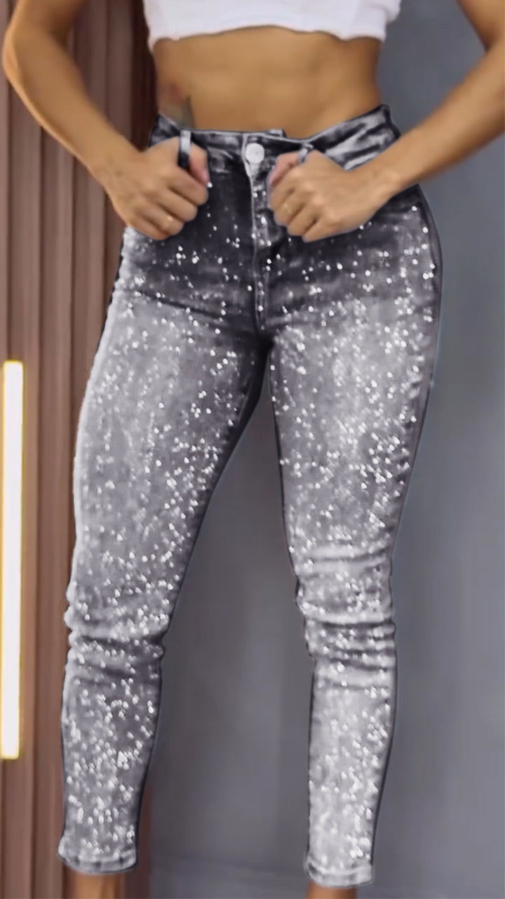 Damen einseitig elastische Jeans mit Strass, schmale Passform, lässig