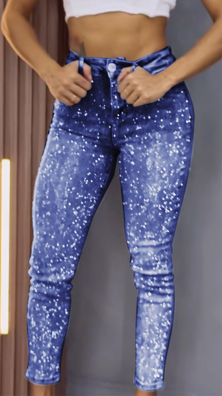 Damen einseitig elastische Jeans mit Strass, schmale Passform, lässig