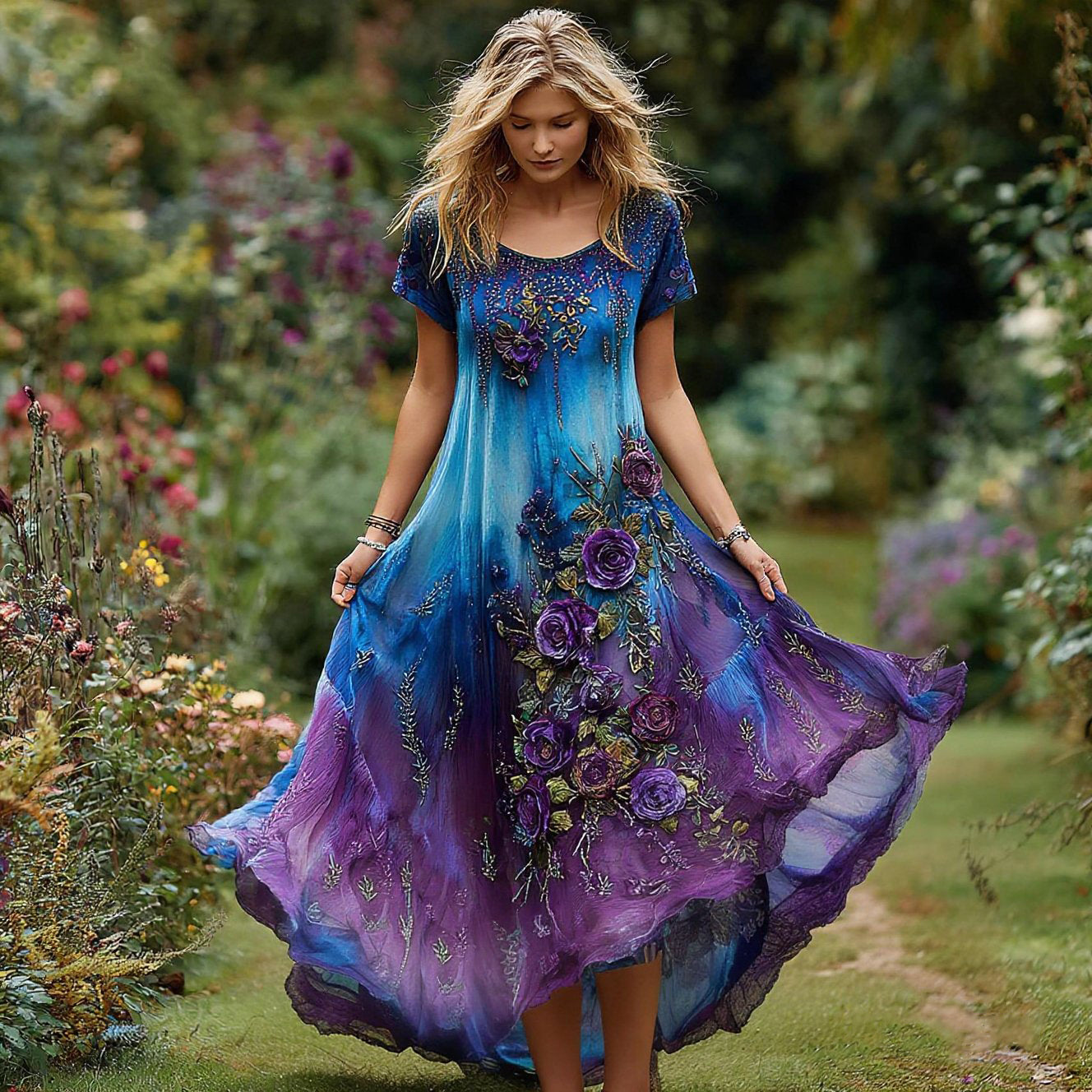 Vintage Damenkleid mit Blumenstickerei, Farbverlauf und Rundhalsausschnitt