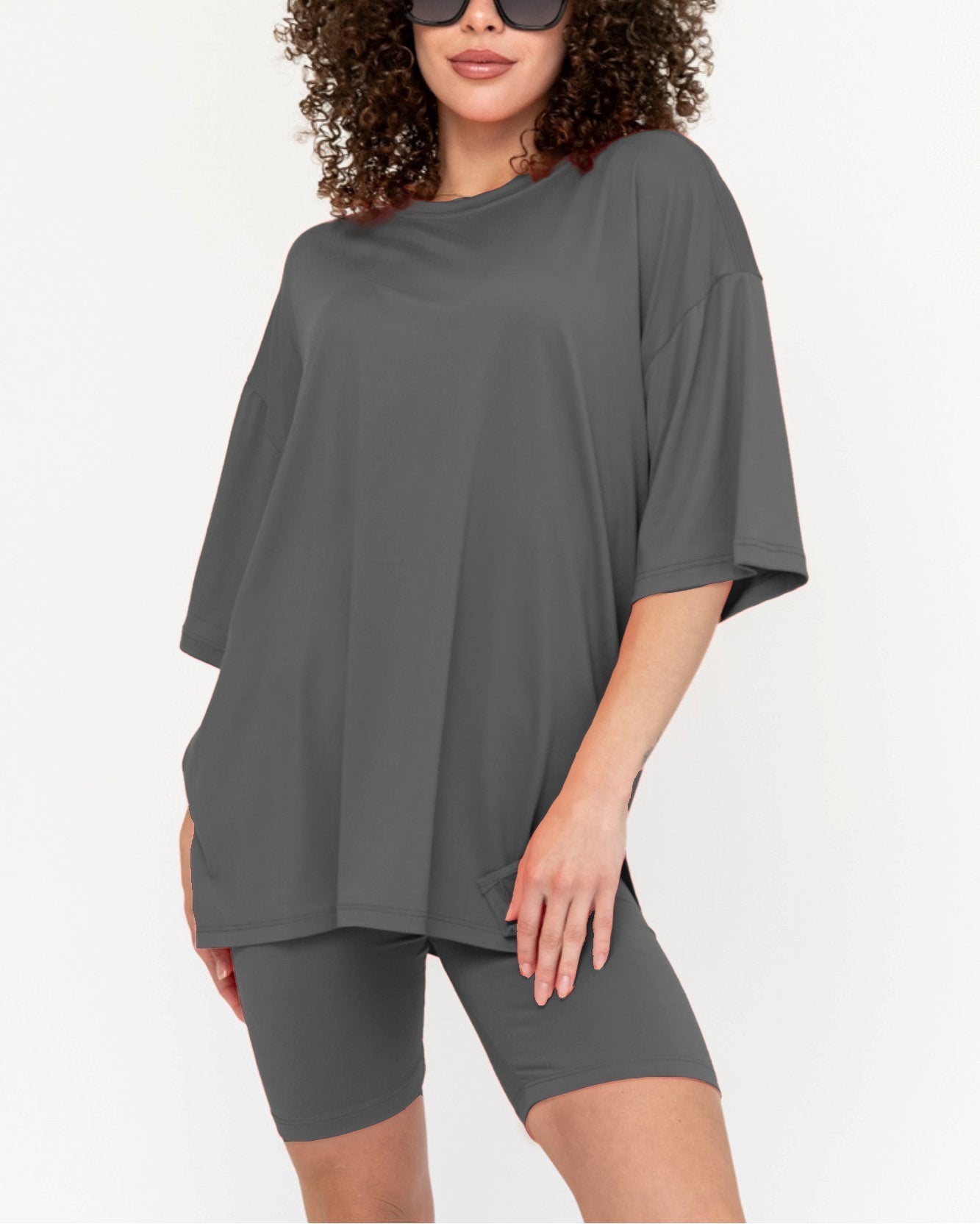 Damen Sommer Oversized Biker-Set mit Rundhalsausschnitt (2 kaufen, kostenloser Versand)
