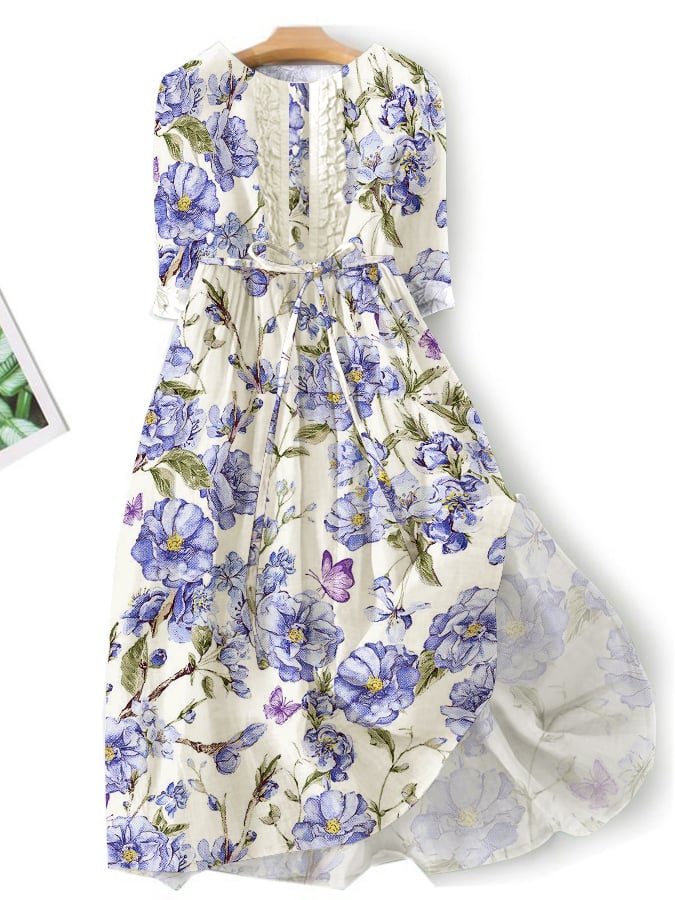Lässiges Blumen-Print-Kleid im literarischen Stil