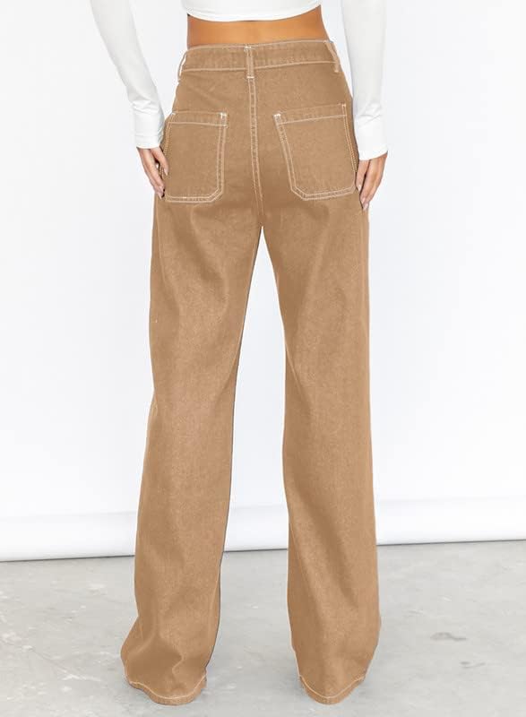 Dokotoo Damen Casual Mid Waist Cargo Jeans Stretch Wide Leg Denim Hose mit Taschen