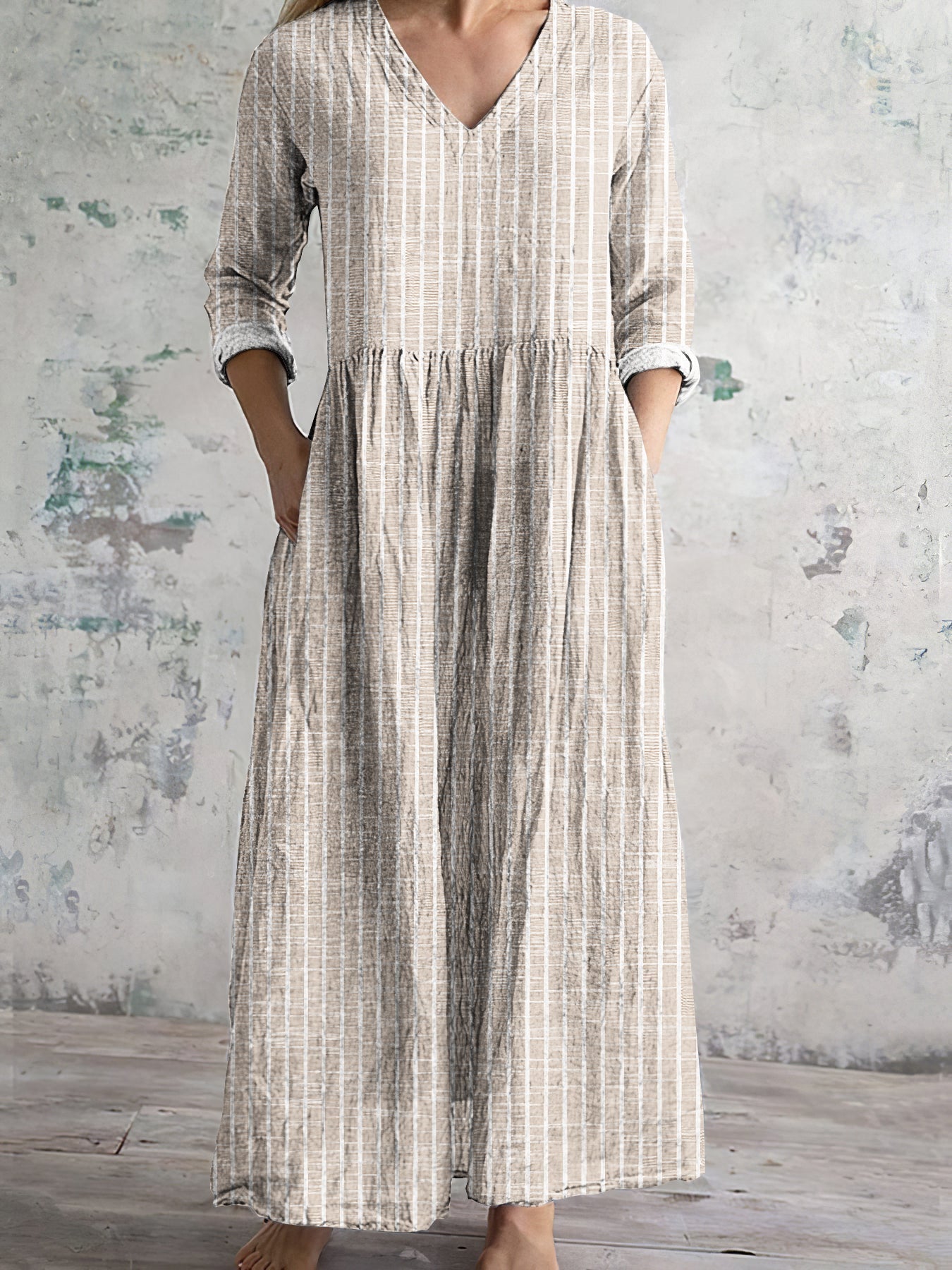 Damen-Leinenkleid mit Vintage-Streifenmuster