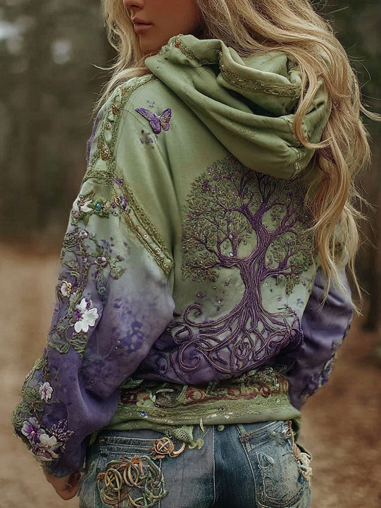 Damen Vintage Wikinger Lebensbaum Kunst Farbverlauf Bequemlichkeit Hoodie