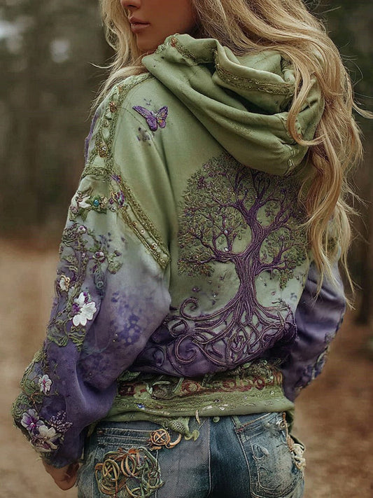 Damen Vintage Wikinger Lebensbaum Kunst Farbverlauf Bequemlichkeit Hoodie
