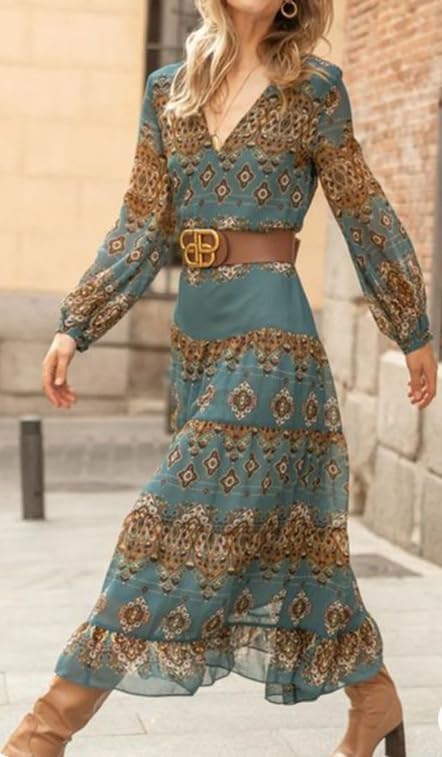 Damen fließendes ethnisches Puffärmel-Midikleid, lässiges Boho-Blumen-Swing-Kleid mit V-Ausschnitt, Urlaubskleid mit Rüschen und Gürtel