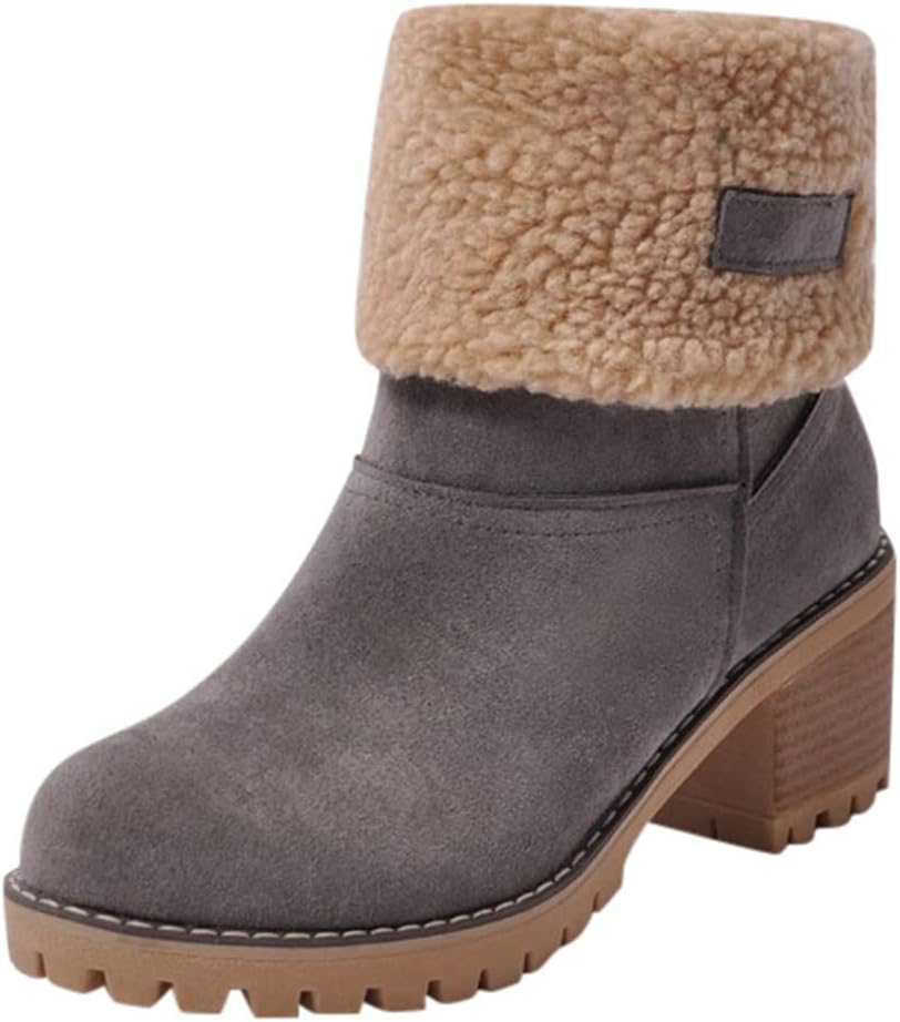 Damen Einfarbige Flauschige Stiefel, Weiche Sohle Grober Absatz Fleece-Futter Stiefel, Winter Rutschfeste Schneestiefel