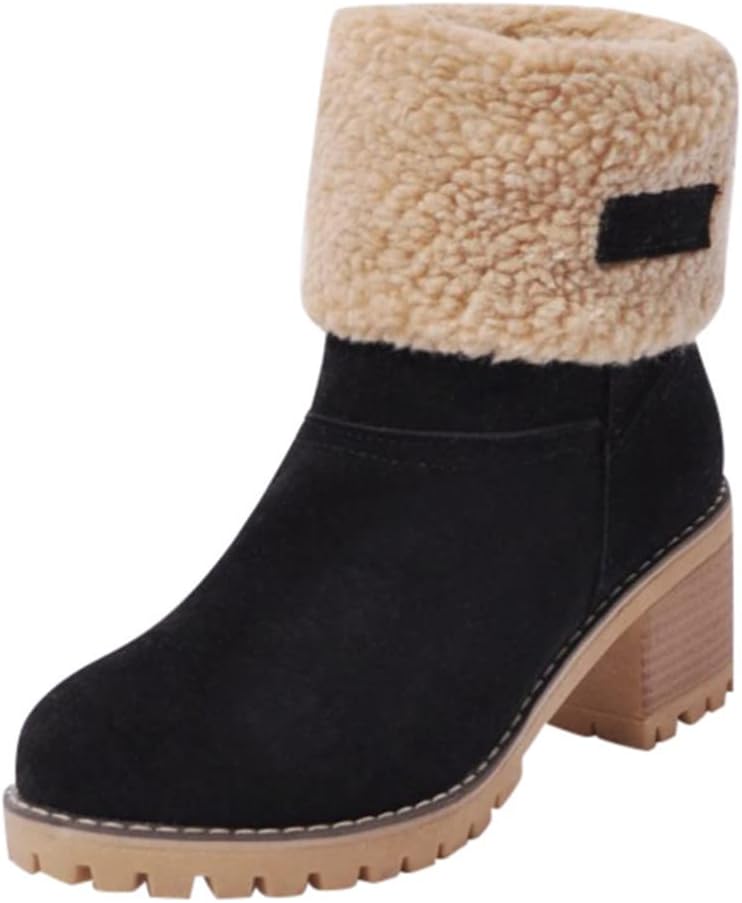 Damen Einfarbige Flauschige Stiefel, Weiche Sohle Grober Absatz Fleece-Futter Stiefel, Winter Rutschfeste Schneestiefel