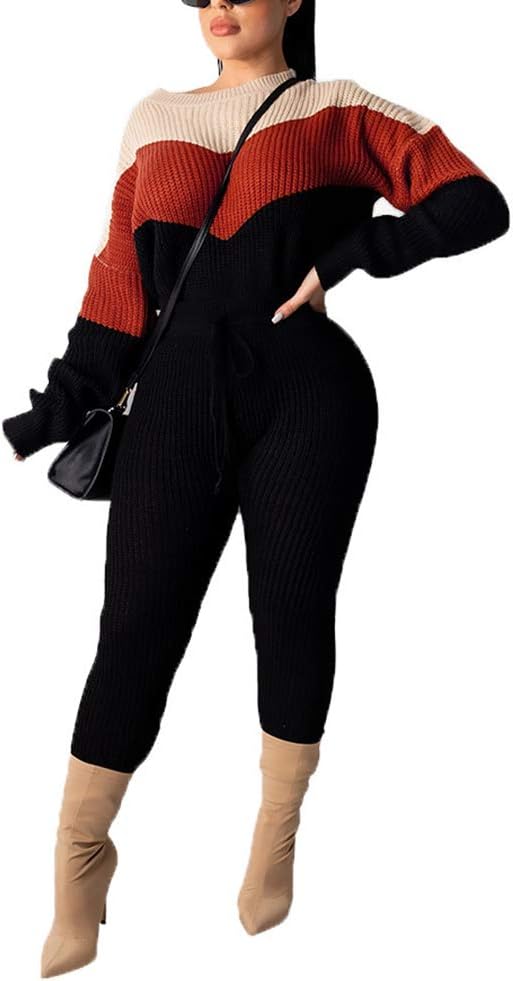 Damen Herbst Strick 2-teilige Outfits Pullover Shirt Top und Bodycon Hose Freizeit Jumpsuit Strampler Plus Size