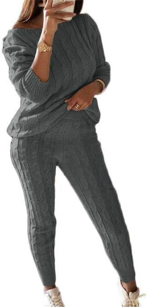 Damen Herbst Strick 2-teilige Outfits Pullover Shirt Top und Bodycon Hose Freizeit Jumpsuit Strampler Plus Size