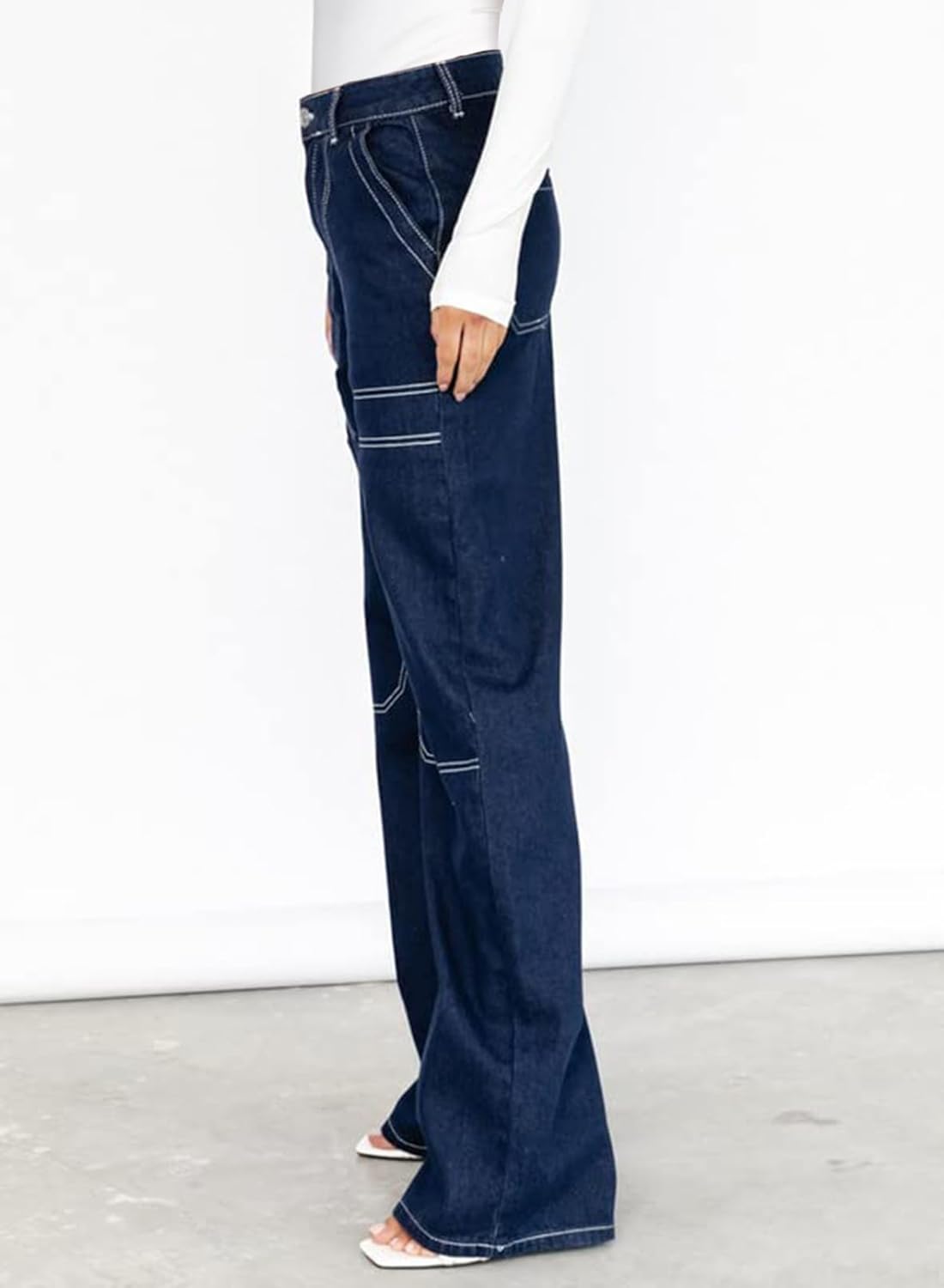 Dokotoo Damen Casual Mid Waist Cargo Jeans Stretch Wide Leg Denim Hose mit Taschen