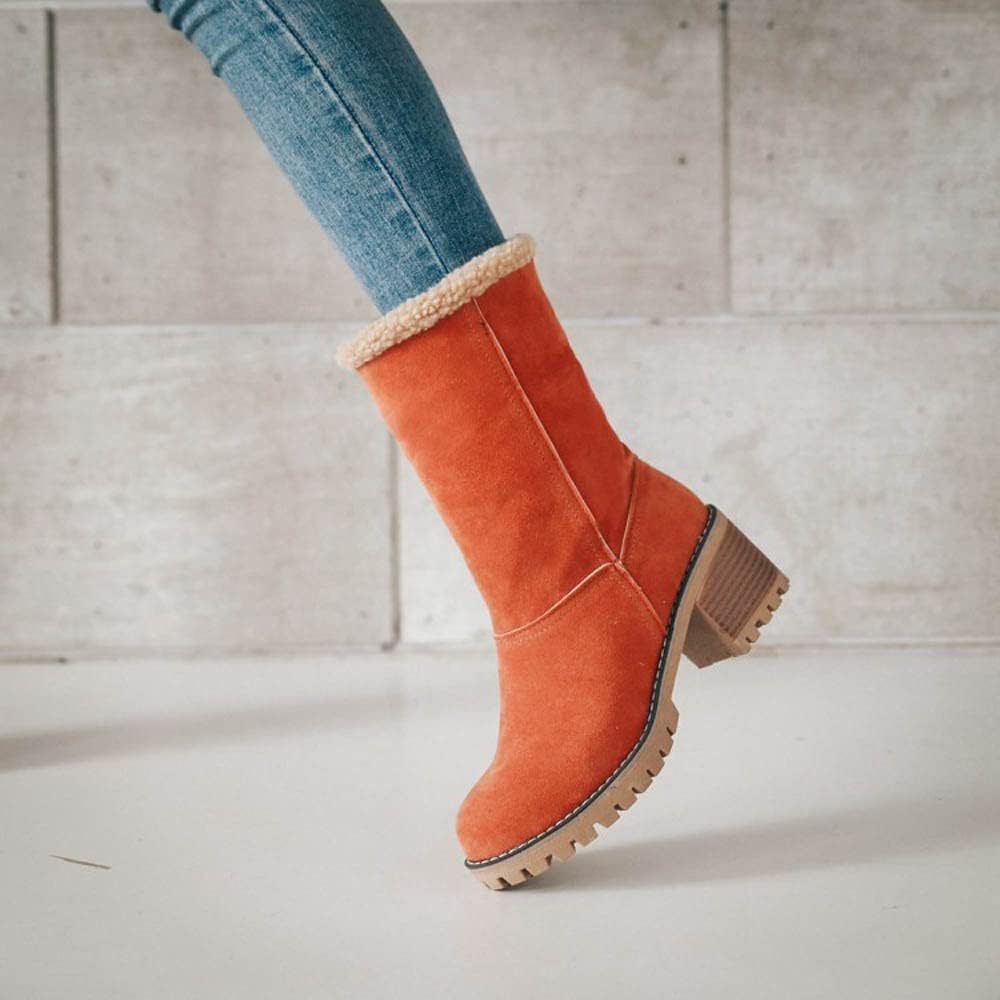 Damen Einfarbige Flauschige Stiefel, Weiche Sohle Grober Absatz Fleece-Futter Stiefel, Winter Rutschfeste Schneestiefel