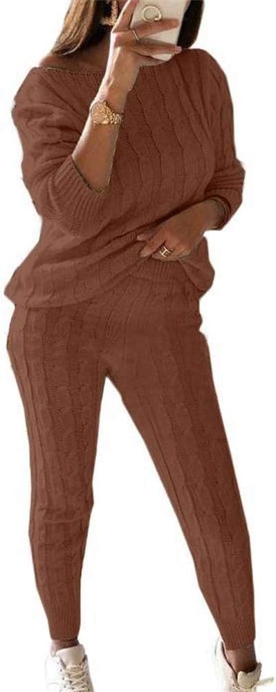 Damen Herbst Strick 2-teilige Outfits Pullover Shirt Top und Bodycon Hose Freizeit Jumpsuit Strampler Plus Size