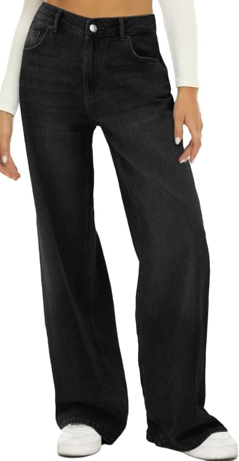 HDLTE Damen Jeans Weites Bein High Waist Baggy Jeans Loose Boyfriend Jeans Denim Hose Y2K