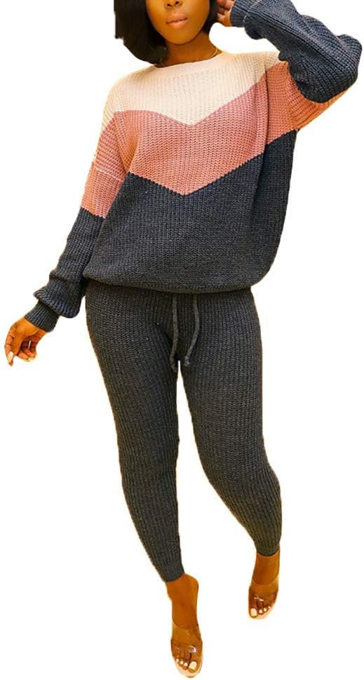 Damen Herbst Strick 2-teilige Outfits Pullover Shirt Top und Bodycon Hose Freizeit Jumpsuit Strampler Plus Size